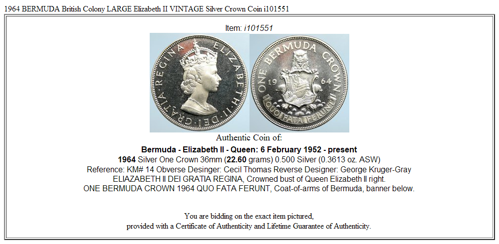 1964 BERMUDA British Colony LARGE Elizabeth II VINTAGE Silver Crown Coin i101551