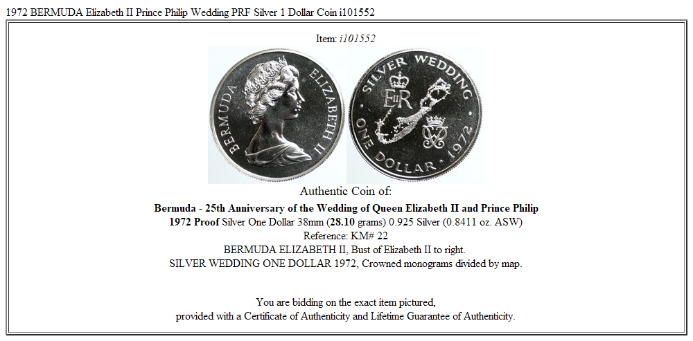 1972 BERMUDA Elizabeth II Prince Philip Wedding PRF Silver 1 Dollar Coin i101552