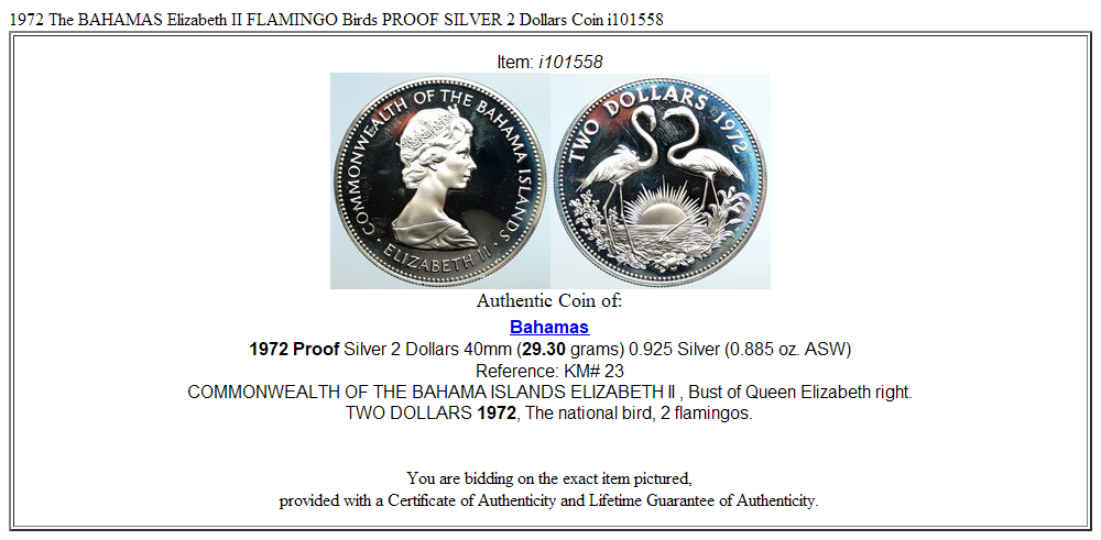 1972 The BAHAMAS Elizabeth II FLAMINGO Birds PROOF SILVER 2 Dollars Coin i101558