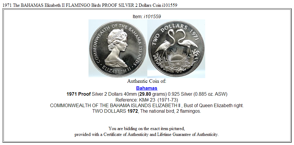 1971 The BAHAMAS Elizabeth II FLAMINGO Birds PROOF SILVER 2 Dollars Coin i101559