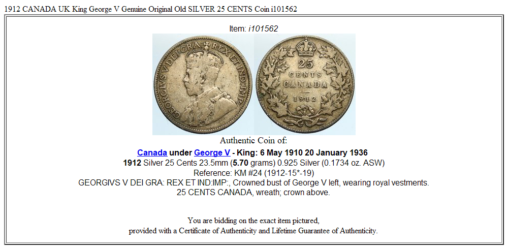 1912 CANADA UK King George V Genuine Original Old SILVER 25 CENTS Coin i101562