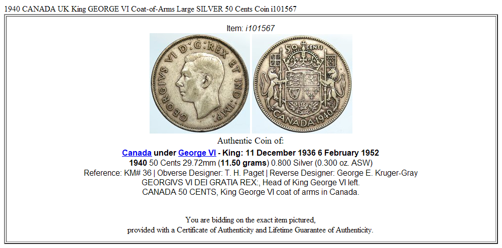 1940 CANADA UK King GEORGE VI Coat-of-Arms Large SILVER 50 Cents Coin i101567