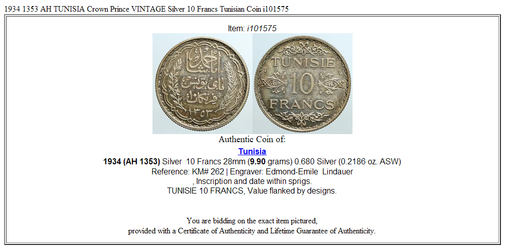 1934 1353 AH TUNISIA Crown Prince VINTAGE Silver 10 Francs Tunisian Coin i101575