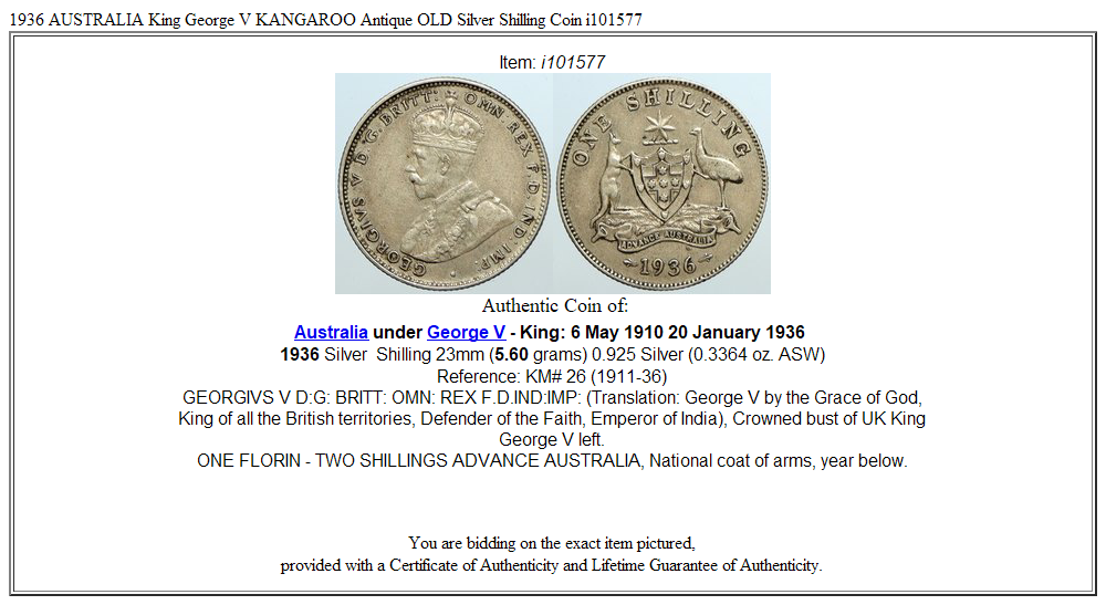 1936 AUSTRALIA King George V KANGAROO Antique OLD Silver Shilling Coin i101577