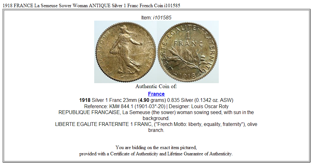 1918 FRANCE La Semeuse Sower Woman ANTIQUE Silver 1 Franc French Coin i101585