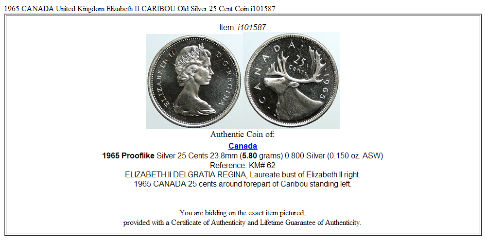 1965 CANADA United Kingdom Elizabeth II CARIBOU Old Silver 25 Cent Coin i101587