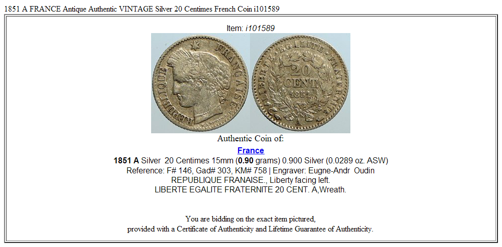 1851 A FRANCE Antique Authentic VINTAGE Silver 20 Centimes French Coin i101589