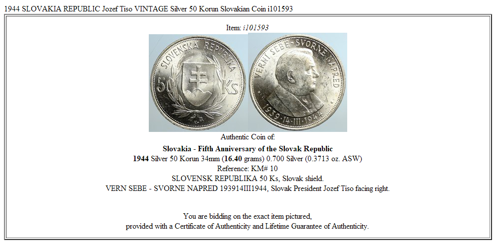 1944 SLOVAKIA REPUBLIC Jozef Tiso VINTAGE Silver 50 Korun Slovakian Coin i101593