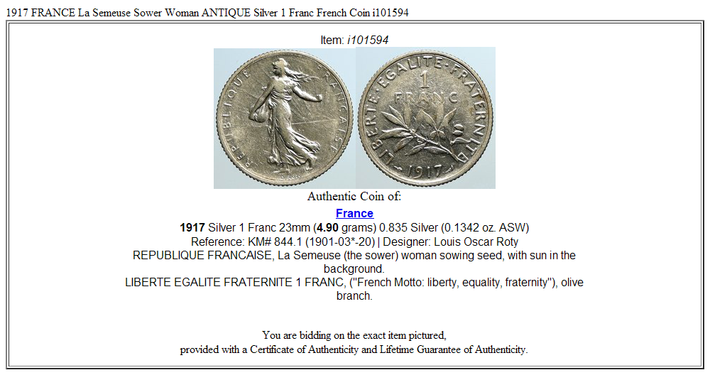 1917 FRANCE La Semeuse Sower Woman ANTIQUE Silver 1 Franc French Coin i101594