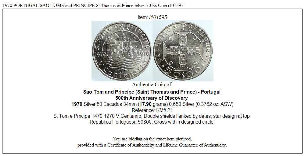 1970 PORTUGAL SAO TOME and PRINCIPE St Thomas & Prince Silver 50 Es Coin i101595