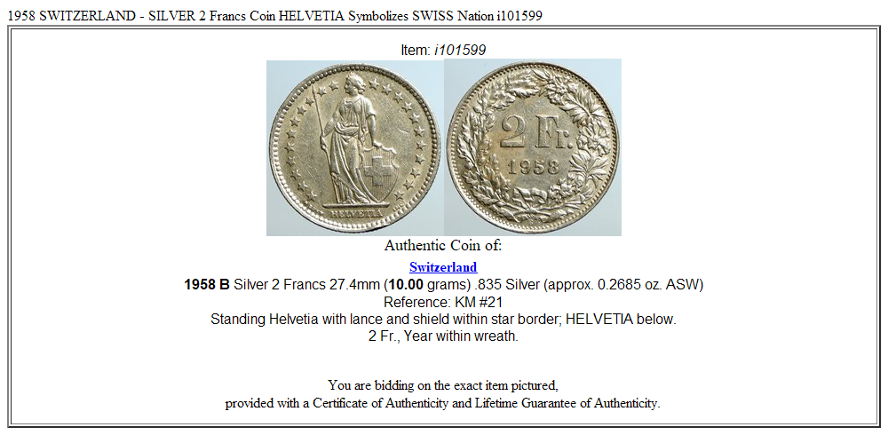 1958 SWITZERLAND - SILVER 2 Francs Coin HELVETIA Symbolizes SWISS Nation i101599