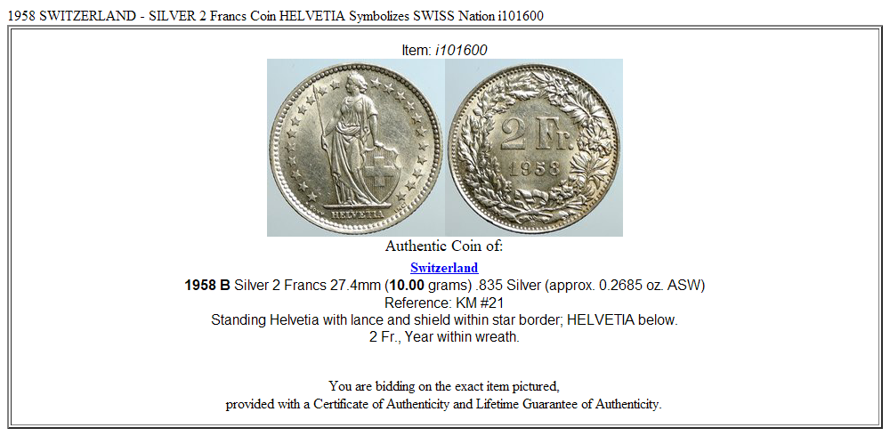 1958 SWITZERLAND - SILVER 2 Francs Coin HELVETIA Symbolizes SWISS Nation i101600