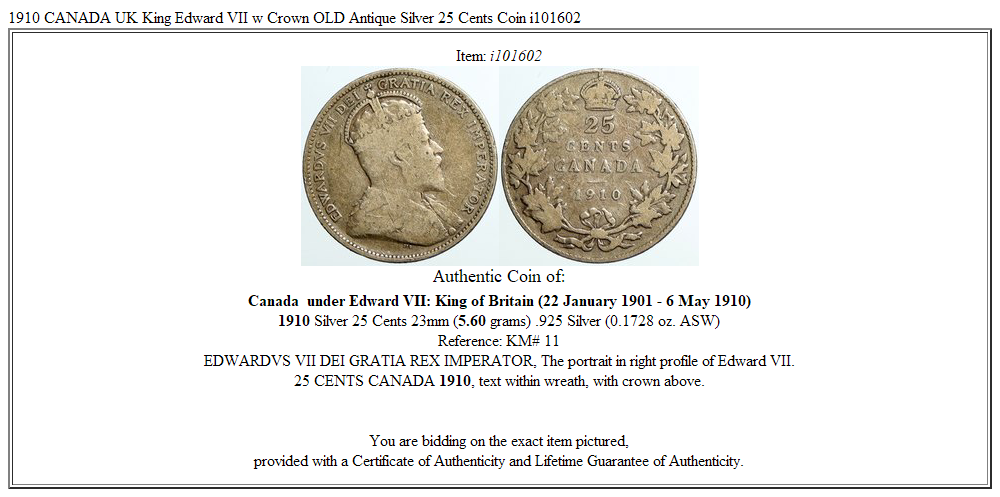 1910 CANADA UK King Edward VII w Crown OLD Antique Silver 25 Cents Coin i101602