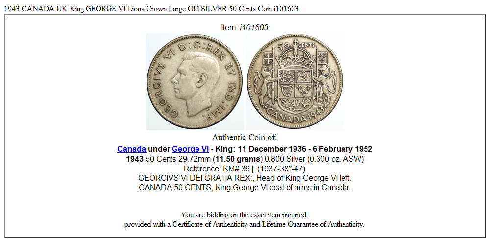 1943 CANADA UK King GEORGE VI Lions Crown Large Old SILVER 50 Cents Coin i101603