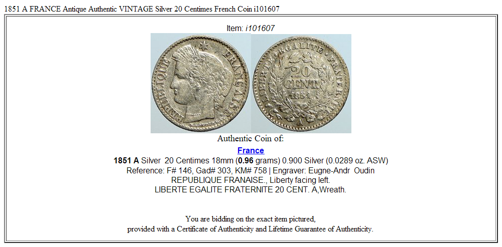 1851 A FRANCE Antique Authentic VINTAGE Silver 20 Centimes French Coin i101607