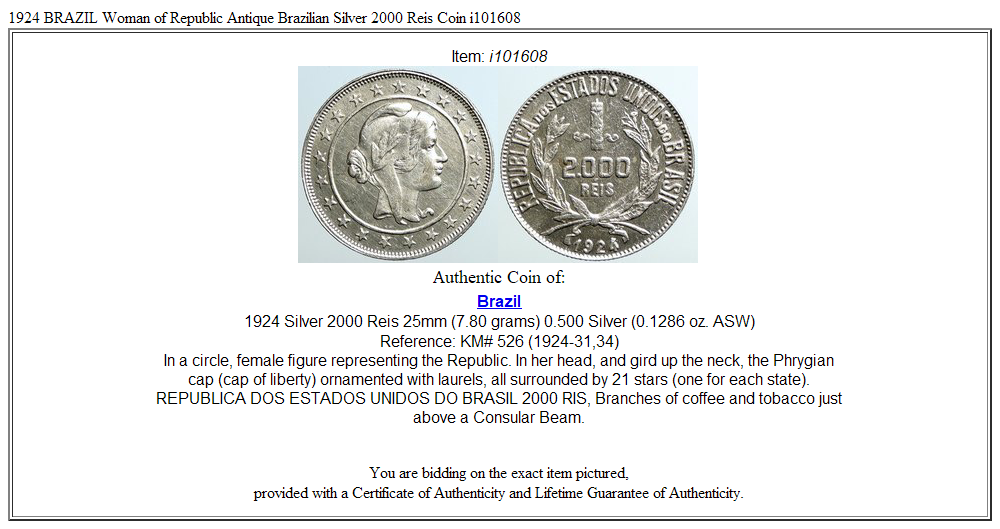 1924 BRAZIL Woman of Republic Antique Brazilian Silver 2000 Reis Coin i101608