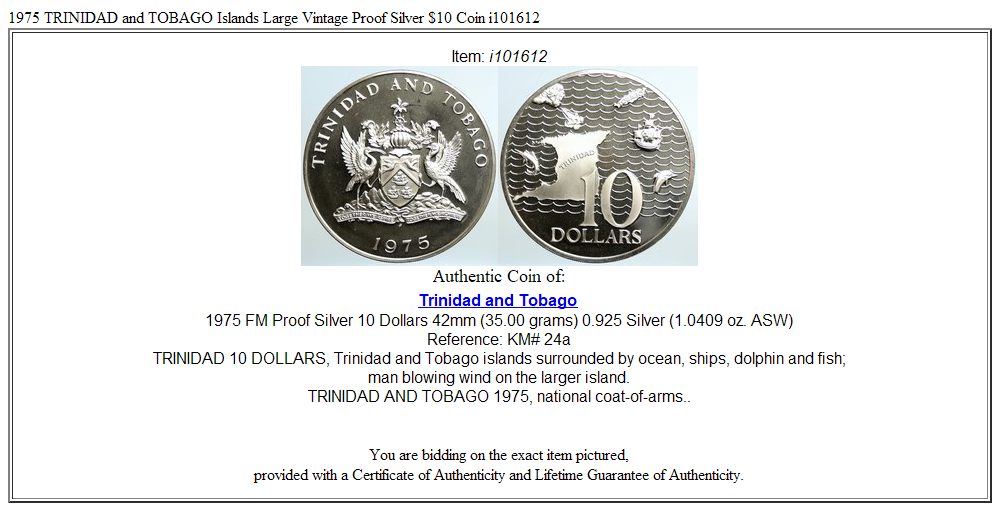 1975 TRINIDAD and TOBAGO Islands Large Vintage Proof Silver $10 Coin i101612