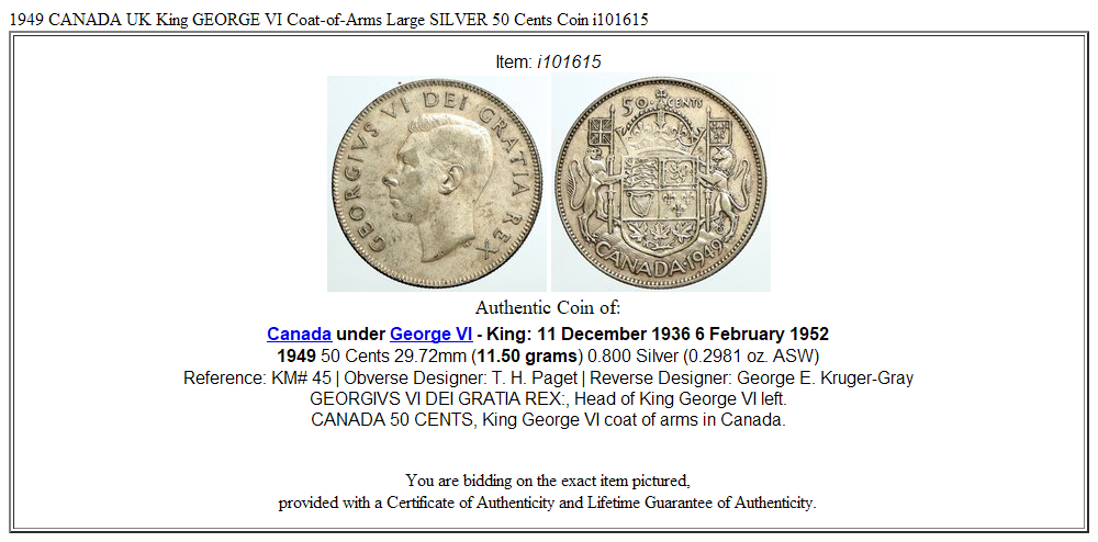 1949 CANADA UK King GEORGE VI Coat-of-Arms Large SILVER 50 Cents Coin i101615