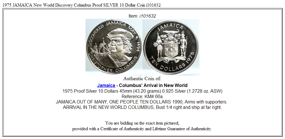 1975 JAMAICA New World Discovery Columbus Proof SILVER 10 Dollar Coin i101632