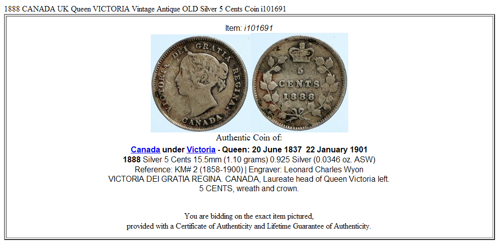 1888 CANADA UK Queen VICTORIA Vintage Antique OLD Silver 5 Cents Coin i101691