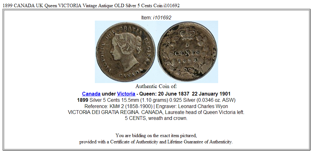 1899 CANADA UK Queen VICTORIA Vintage Antique OLD Silver 5 Cents Coin i101692