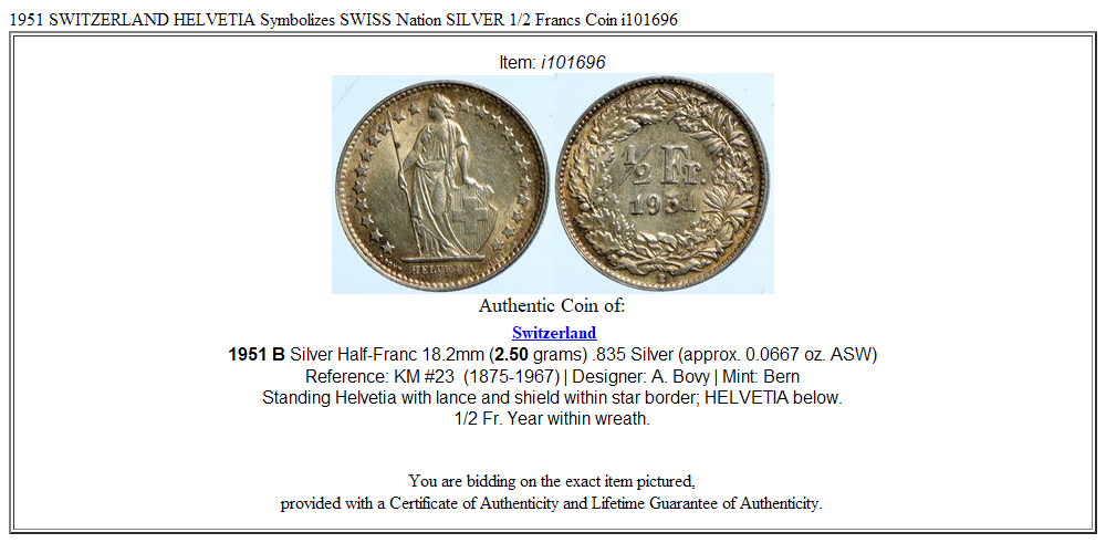 1951 SWITZERLAND HELVETIA Symbolizes SWISS Nation SILVER 1/2 Francs Coin i101696