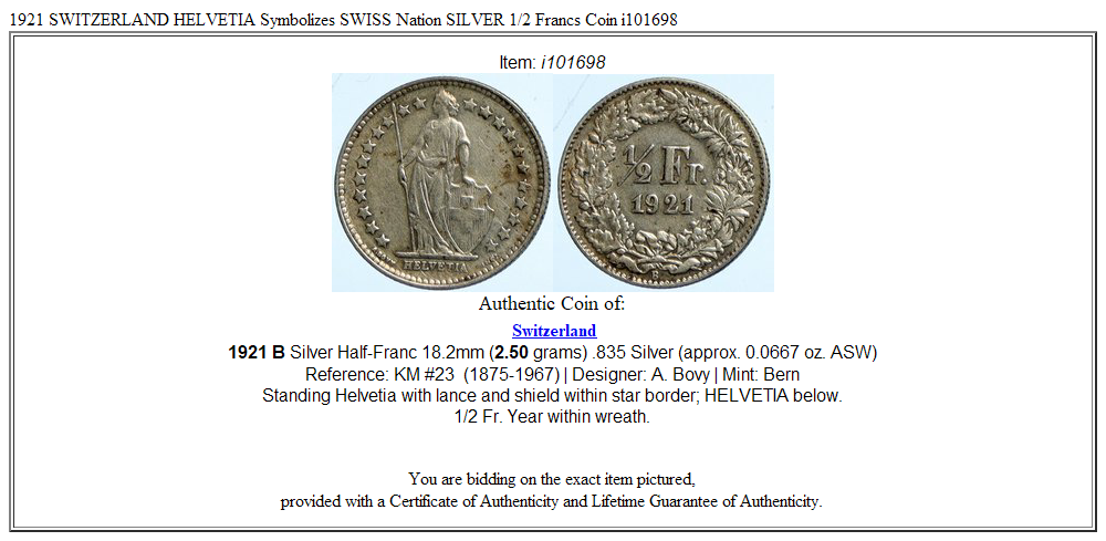 1921 SWITZERLAND HELVETIA Symbolizes SWISS Nation SILVER 1/2 Francs Coin i101698