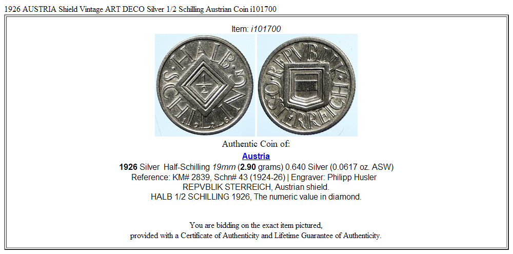 1926 AUSTRIA Shield Vintage ART DECO Silver 1/2 Schilling Austrian Coin i101700