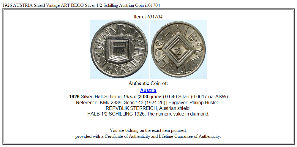 1926 AUSTRIA Shield Vintage ART DECO Silver 1/2 Schilling Austrian Coin i101704