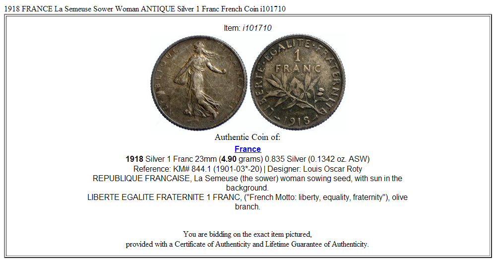 1918 FRANCE La Semeuse Sower Woman ANTIQUE Silver 1 Franc French Coin i101710