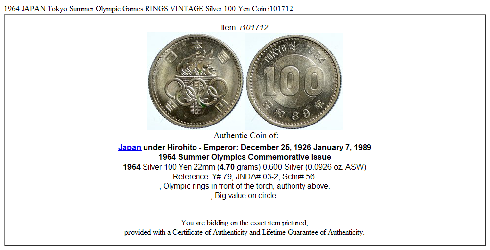 1964 JAPAN Tokyo Summer Olympic Games RINGS VINTAGE Silver 100 Yen Coin i101712