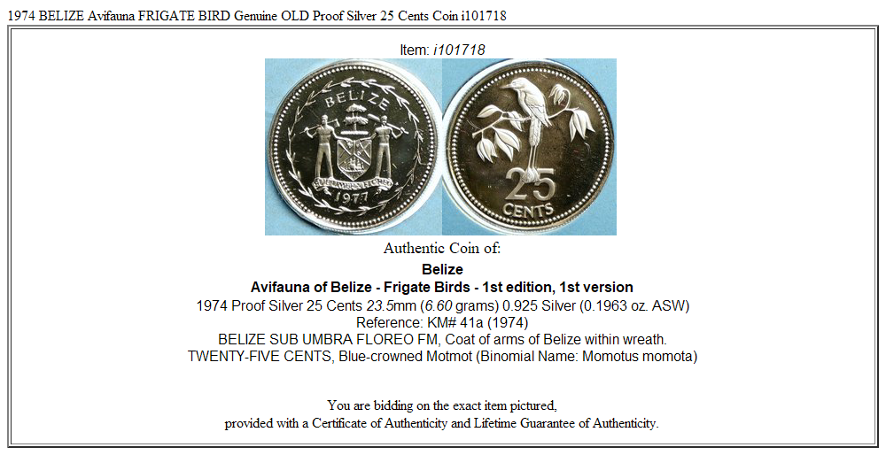 1974 BELIZE Avifauna FRIGATE BIRD Genuine OLD Proof Silver 25 Cents Coin i101718