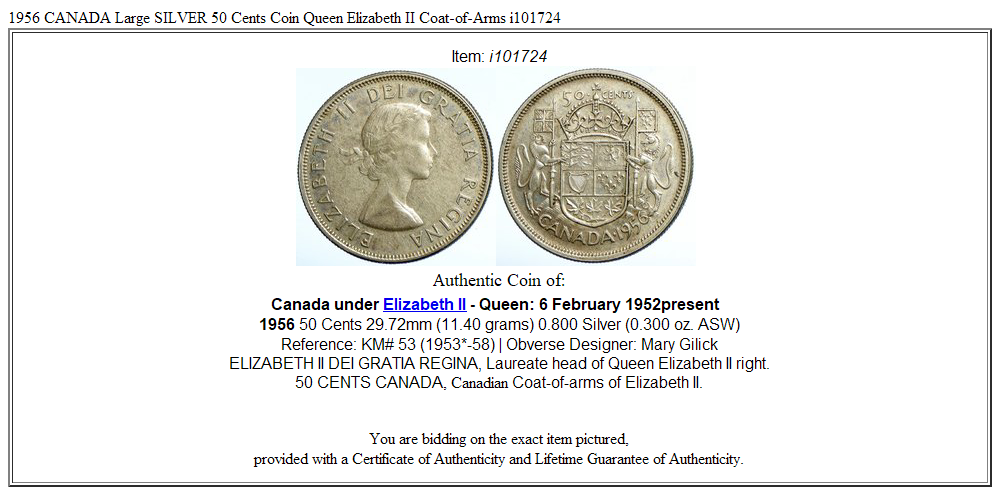 1956 CANADA Large SILVER 50 Cents Coin Queen Elizabeth II Coat-of-Arms i101724