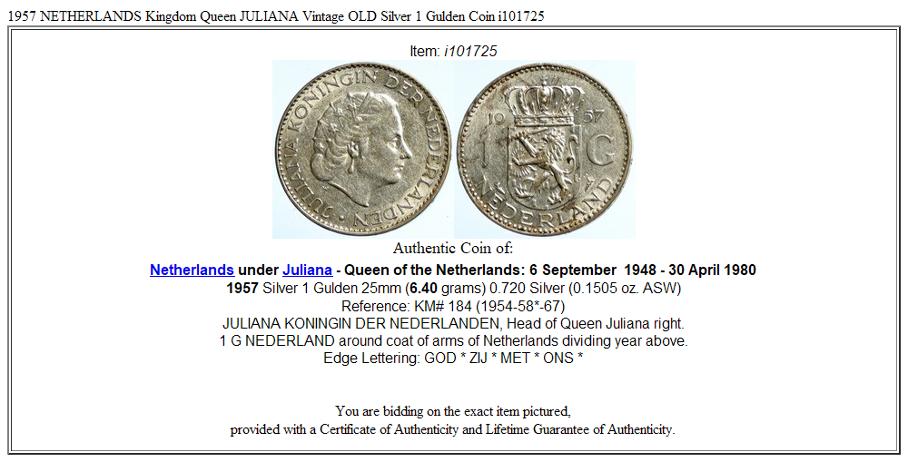 1957 NETHERLANDS Kingdom Queen JULIANA Vintage OLD Silver 1 Gulden Coin i101725