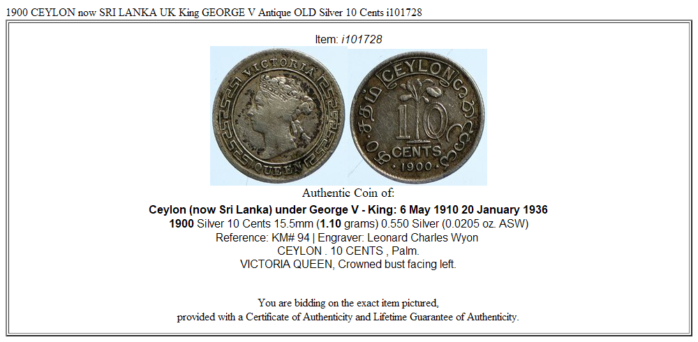 1900 CEYLON now SRI LANKA UK King GEORGE V Antique OLD Silver 10 Cents i101728
