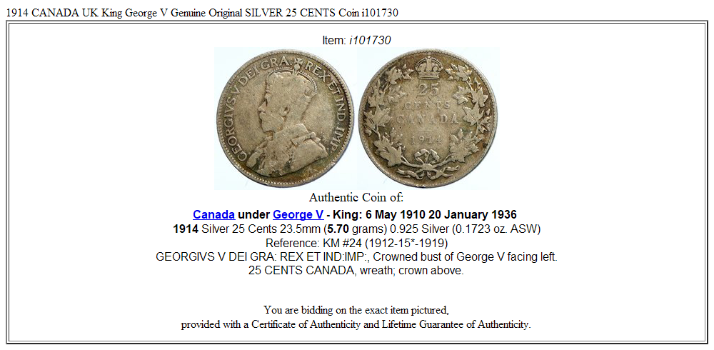 1914 CANADA UK King George V Genuine Original SILVER 25 CENTS Coin i101730