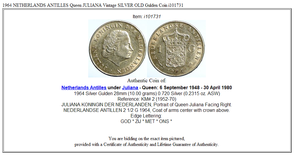 1964 NETHERLANDS ANTILLES Queen JULIANA Vintage SILVER OLD Gulden Coin i101731