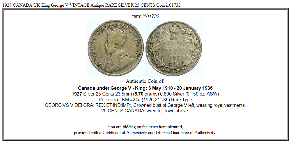 1927 CANADA UK King George V VINTAGE Antique RARE SILVER 25 CENTS Coin i101732