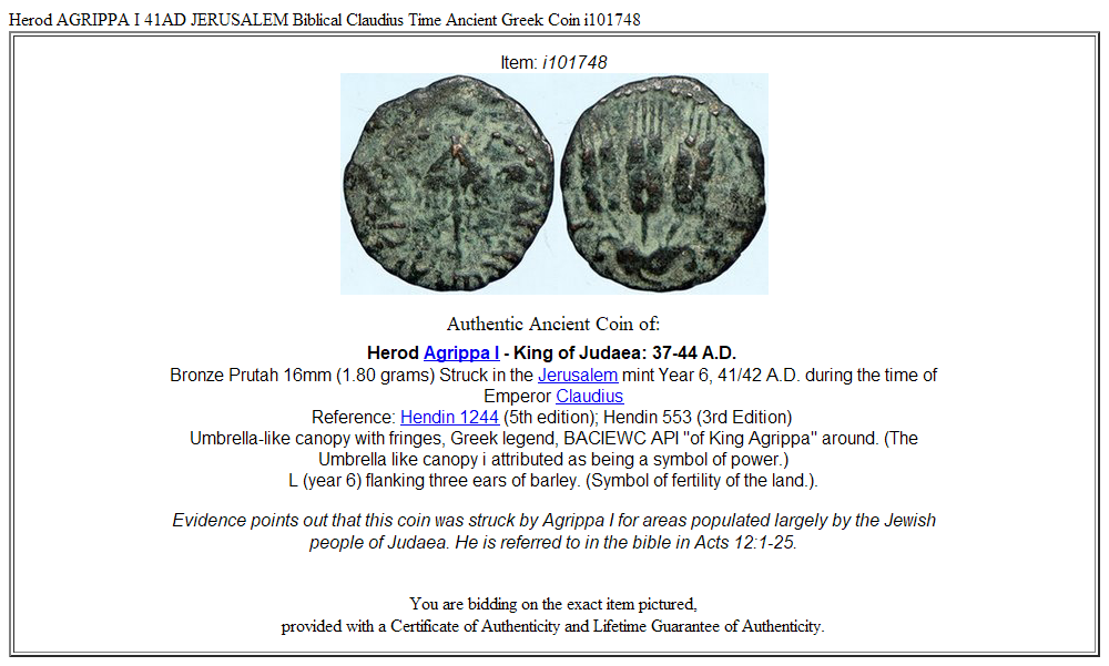 Herod AGRIPPA I 41AD JERUSALEM Biblical Claudius Time Ancient Greek Coin i101748