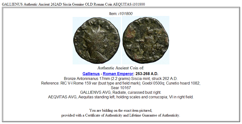 GALLIENUS Authentic Ancient 262AD Siscia Genuine OLD Roman Coin AEQUITAS i101800