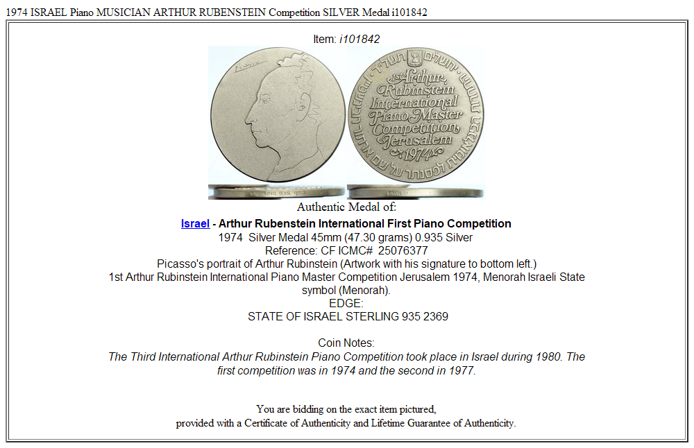 1974 ISRAEL Piano MUSICIAN ARTHUR RUBENSTEIN Competition SILVER Medal i101842