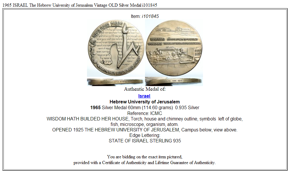 1965 ISRAEL The Hebrew University of Jerusalem Vintage OLD Silver Medal i101845