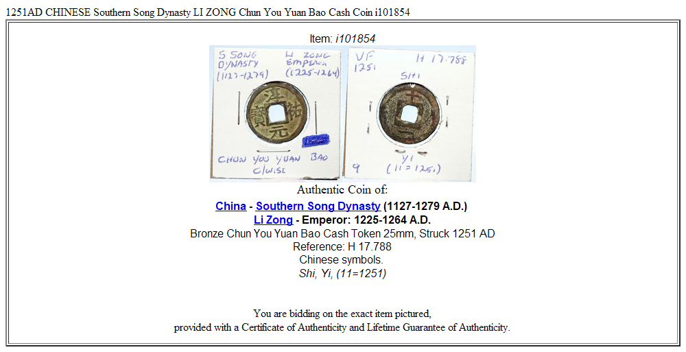 1251AD CHINESE Southern Song Dynasty LI ZONG Chun You Yuan Bao Cash Coin i101854