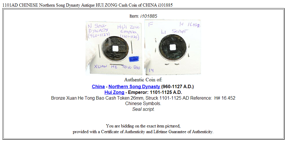 1101AD CHINESE Northern Song Dynasty Antique HUI ZONG Cash Coin of CHINA i101885