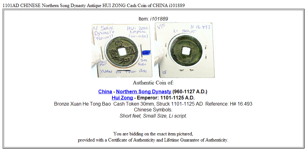 1101AD CHINESE Northern Song Dynasty Antique HUI ZONG Cash Coin of CHINA i101889