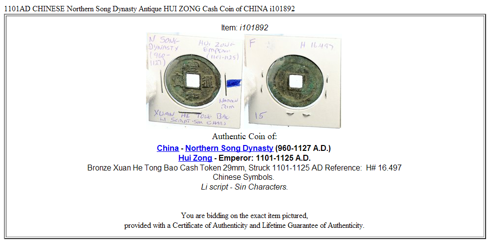 1101AD CHINESE Northern Song Dynasty Antique HUI ZONG Cash Coin of CHINA i101892