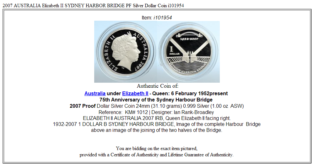 2007 AUSTRALIA Elizabeth II SYDNEY HARBOR BRIDGE PF Silver Dollar Coin i101954