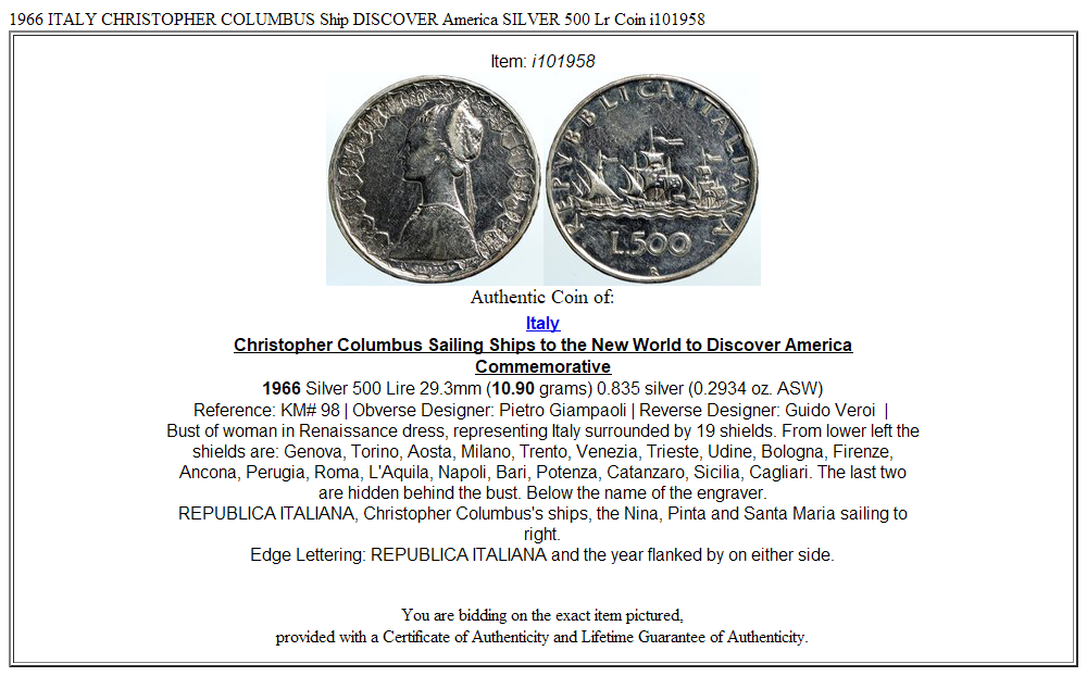 1966 ITALY CHRISTOPHER COLUMBUS Ship DISCOVER America SILVER 500 Lr Coin i101958