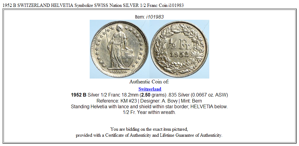 1952 B SWITZERLAND HELVETIA Symbolize SWISS Nation SILVER 1/2 Franc Coin i101983