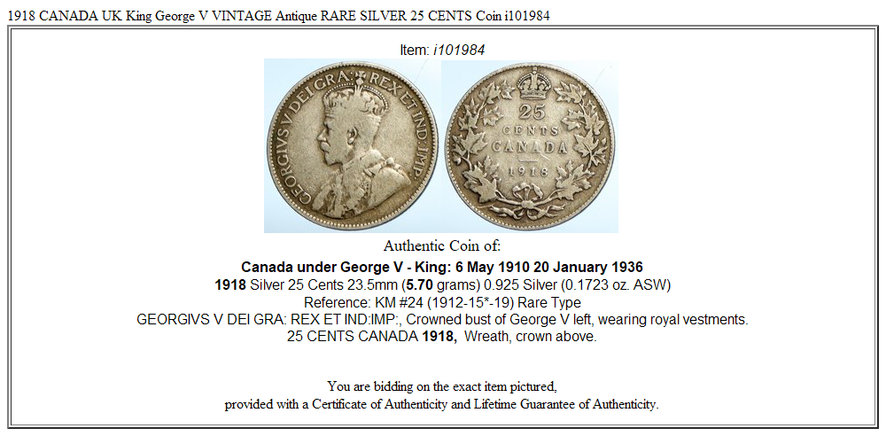 1918 CANADA UK King George V VINTAGE Antique RARE SILVER 25 CENTS Coin i101984